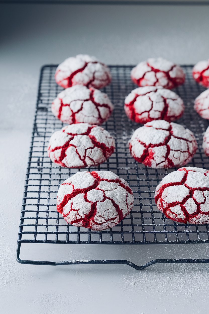 An indoor cookie cooling rack with red crinkle cookies coated in powdered sugar cracks. Photo, no text or logos.