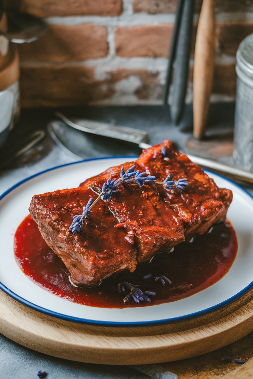 Indoor photo of short ribs in red wine sauce, small lavender buds sprinkled; no text or logos