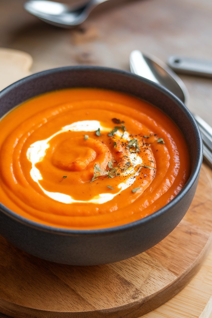 Indoor soup course scene with a bowl of silky orange carrot-red pepper soup, swirl of cream, and herb sprinkle. No text or logos. Photo, not illustration.