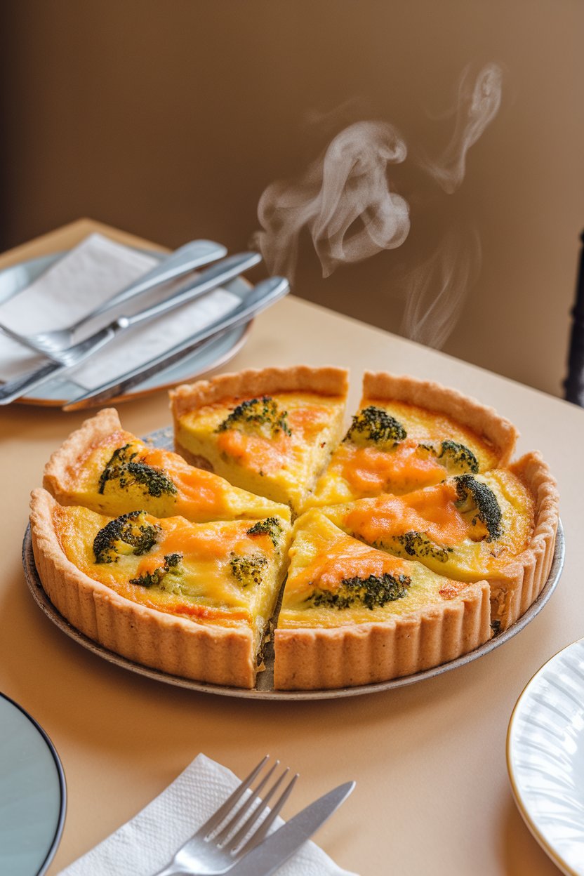 A sliced quiche on an indoor breakfast table, broccoli florets and melted cheddar visible in each wedge; steam lightly rising. No text or logos. Photo only.