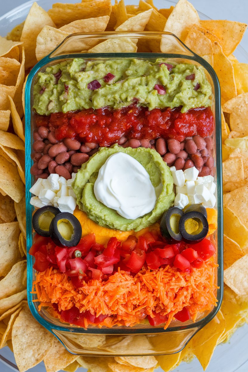 Indoor overhead shot of a glass dish showing colorful layers of refried beans, guacamole, sour cream, salsa, cheese, olives, and tomatoes. Tortilla chips surround the dish. No text or logos.