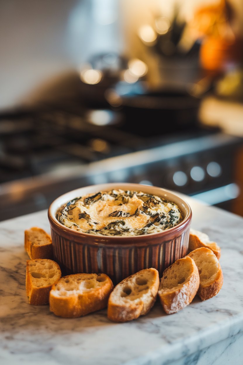Indoor photo of a bubbling ceramic ramekin of creamy spinach artichoke dip surrounded by crostini on a marble countertop. No text or logos.