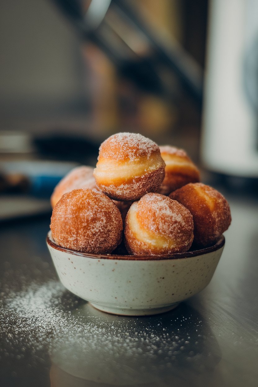 Photo of a small indoor bowl heaped with cinnamon sugar doughnut holes, light dusting of sugar on table surface. No text or logos visible.