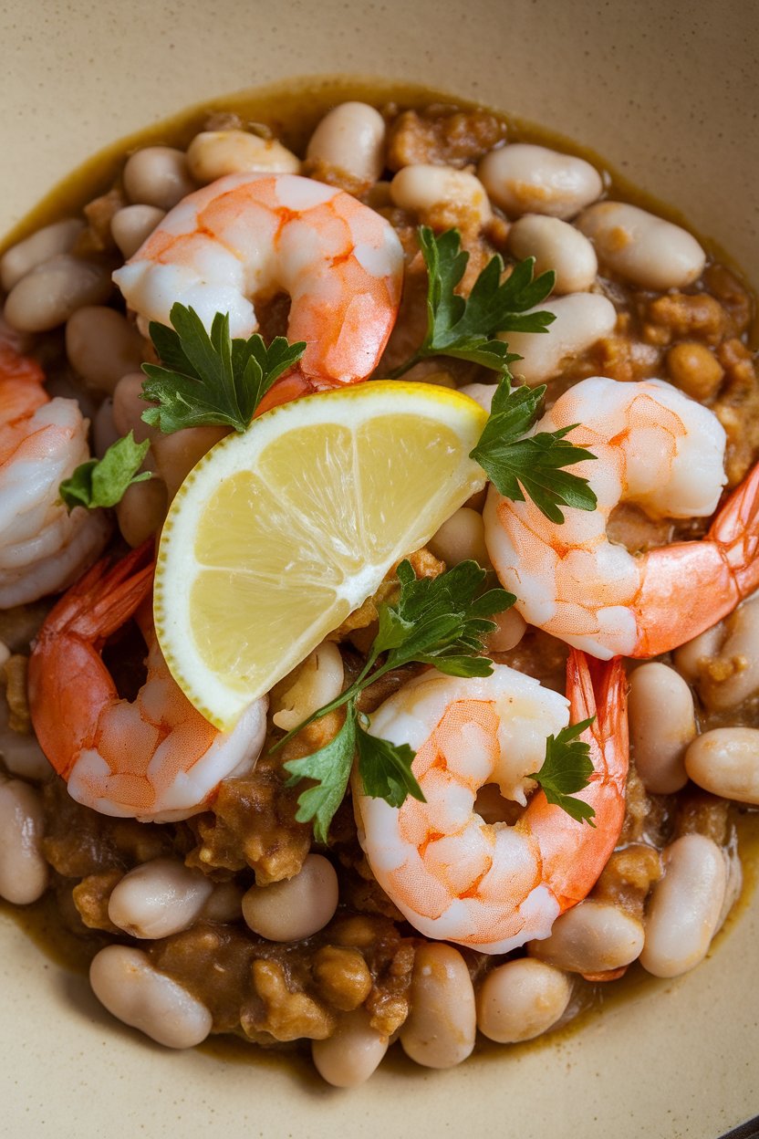 An indoor dish of cooked shrimp nestled in saucy white beans, parsley sprinkled, with a slice of lemon. No raw fish, no text or logos.