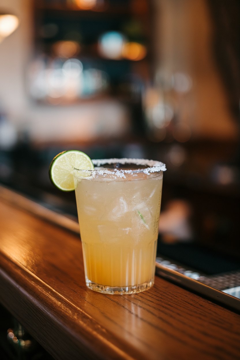 Indoor bar rail with a salt-rimmed pint glass of golden lagerita, lime wedge perched, no brand logos. Photo only.