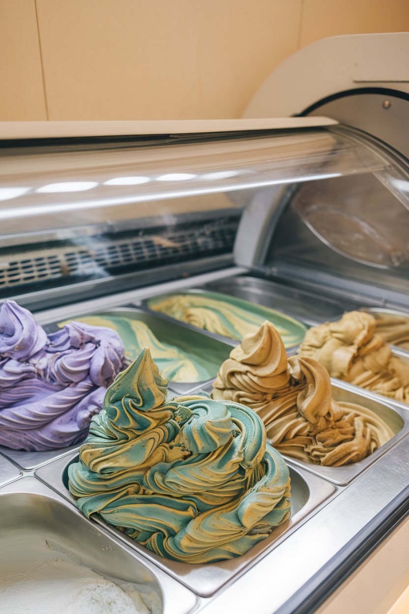 An indoor gelato case showing swirled purple, green, and gold gelato in a metal pan, texture smooth and glossy. No text or logos. Photo.