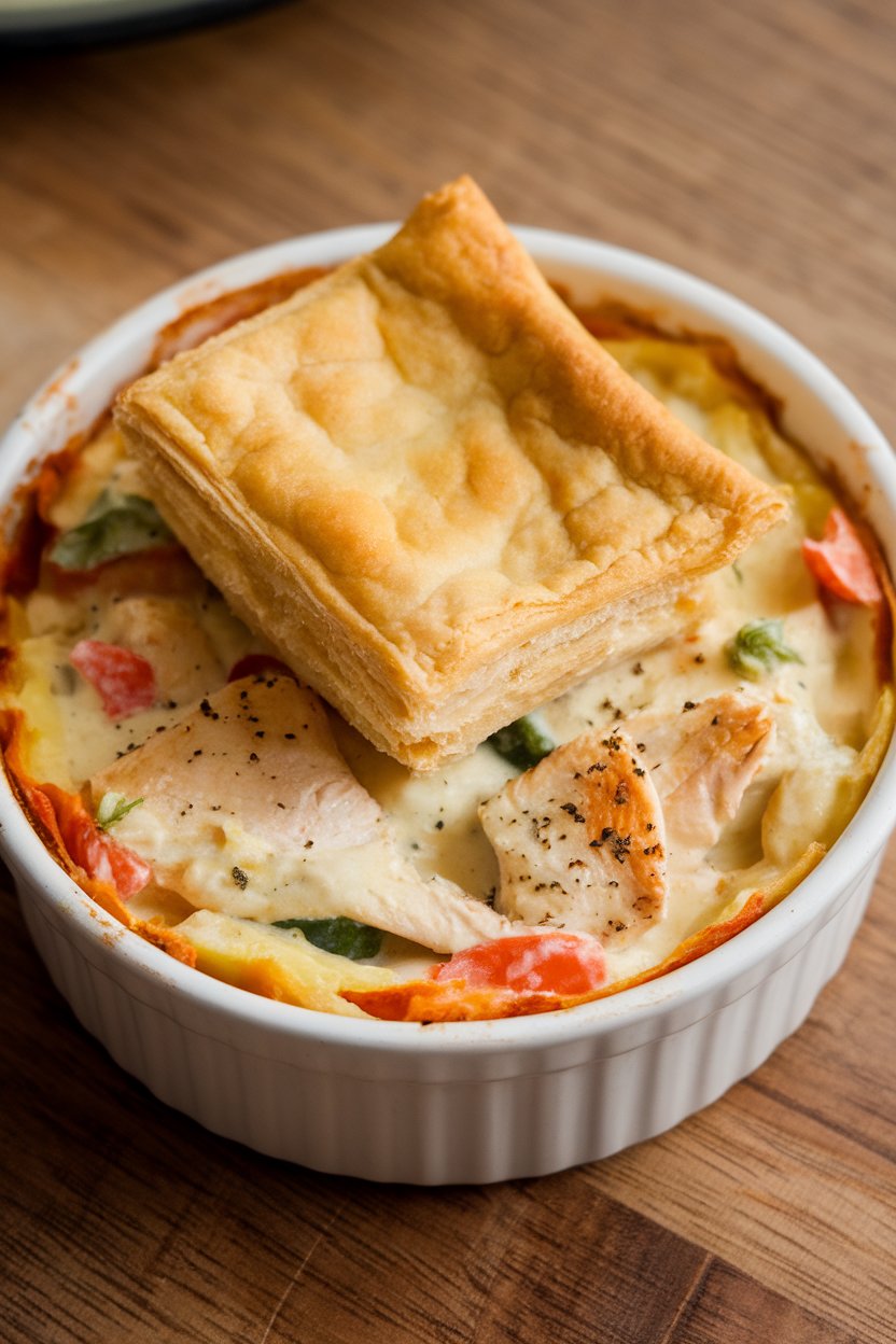 Indoor casserole ramekin of creamy chicken and vegetable filling with a puff-pastry square laid on top. Photo; no logos.