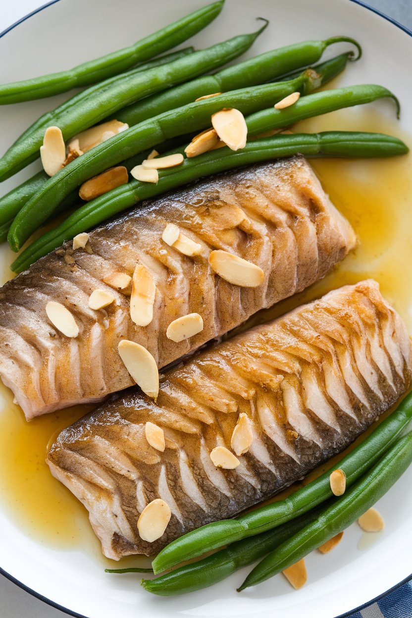Indoor photo of two plated trout fillets brushed with golden honey-mustard glaze, accompanied by steamed green beans and almond slivers. No text or logos.
