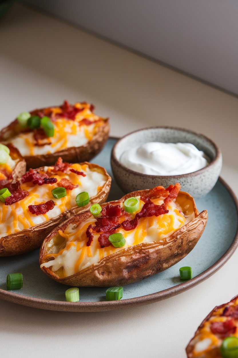 Photo of crispy potato skins filled with melted cheese, bacon bits, and green onions on a plate indoors, sour cream in a small bowl, no text or logos