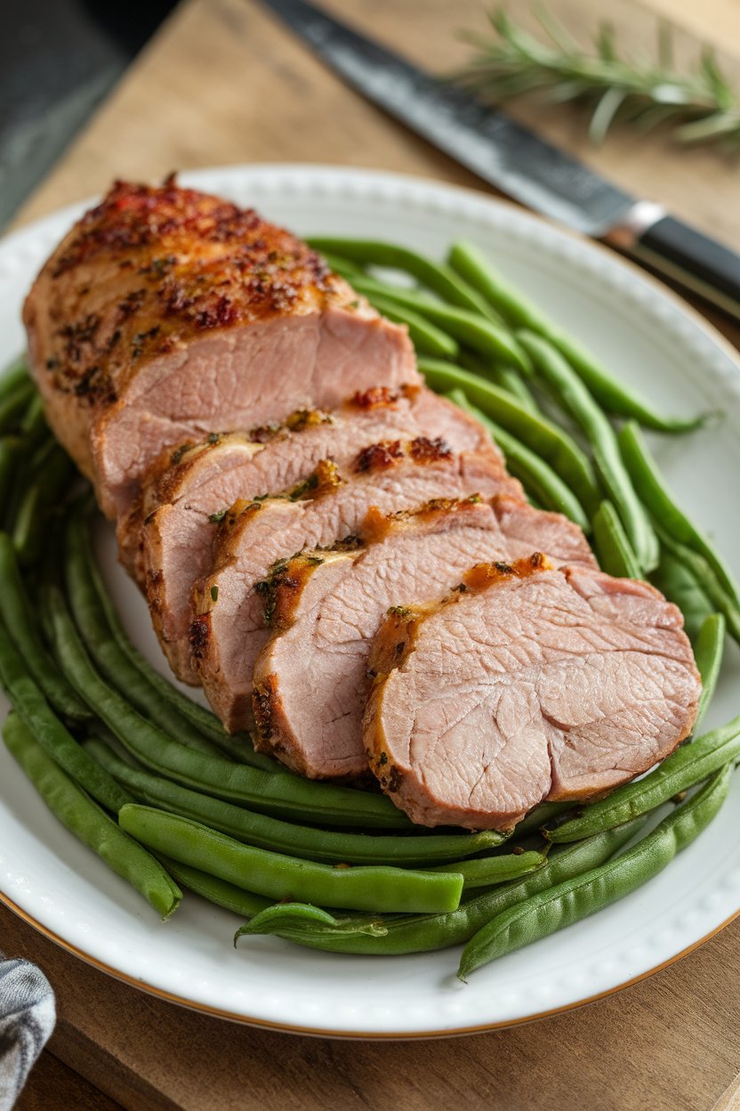 Indoor photo of sliced roasted pork loin drizzled with herb jus, plated beside crisp green beans, no logos.