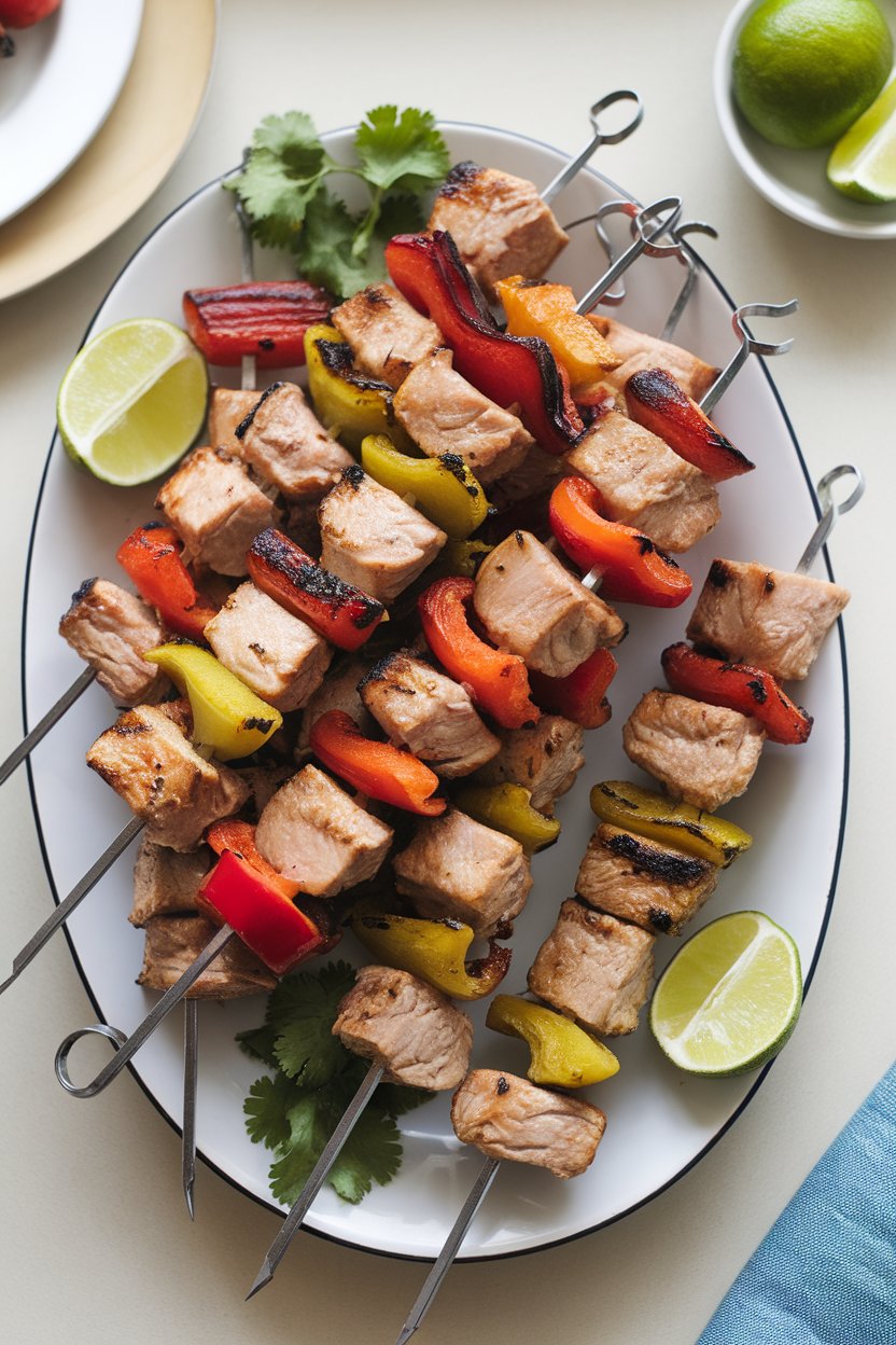 An indoor platter featuring skewers of grilled turkey breast cubes interspersed with bell peppers and onions, garnished with lime wedges and cilantro sprigs. No text or logos. Photo only.