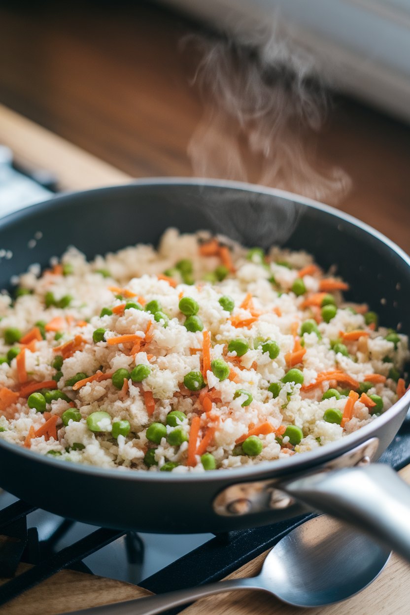 An indoor sauté pan filled with cauliflower rice mixed with peas, carrots, and scrambled egg whites, steam gently rising. No text or logos. Photo only.