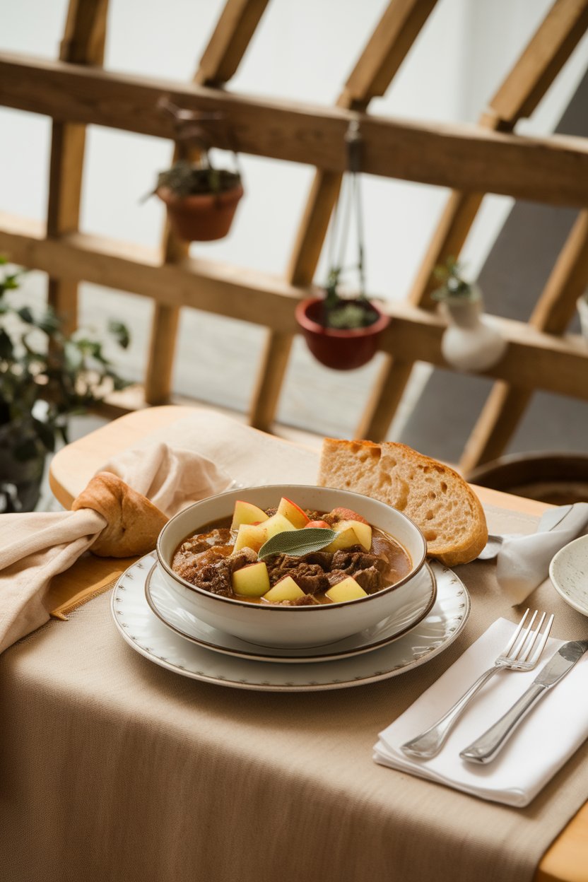 Indoor autumnal table showing a bowl of beef stew with diced apples and sage leaves floating on top. No text or logos. Photo.