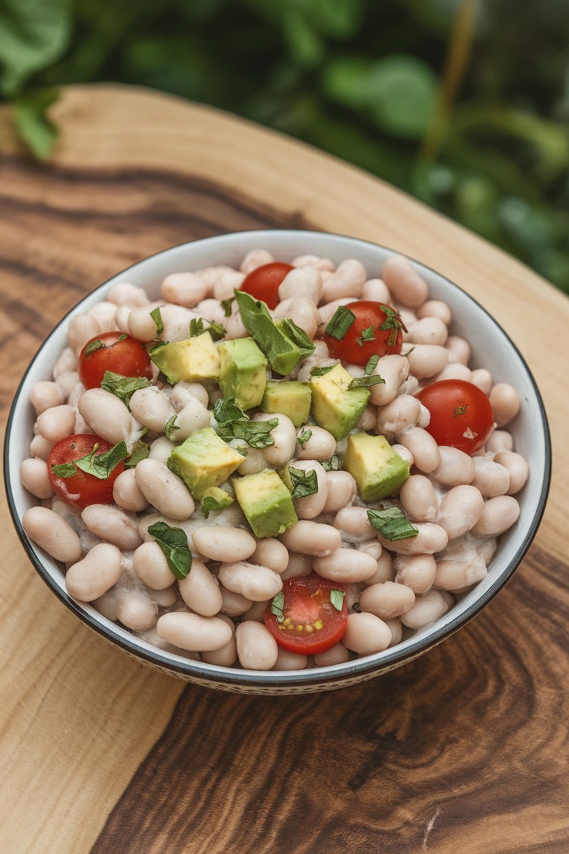 Indoor photo of a bowl of creamy white beans mixed with diced avocado, cherry tomatoes, and chopped basil. No text or logos.