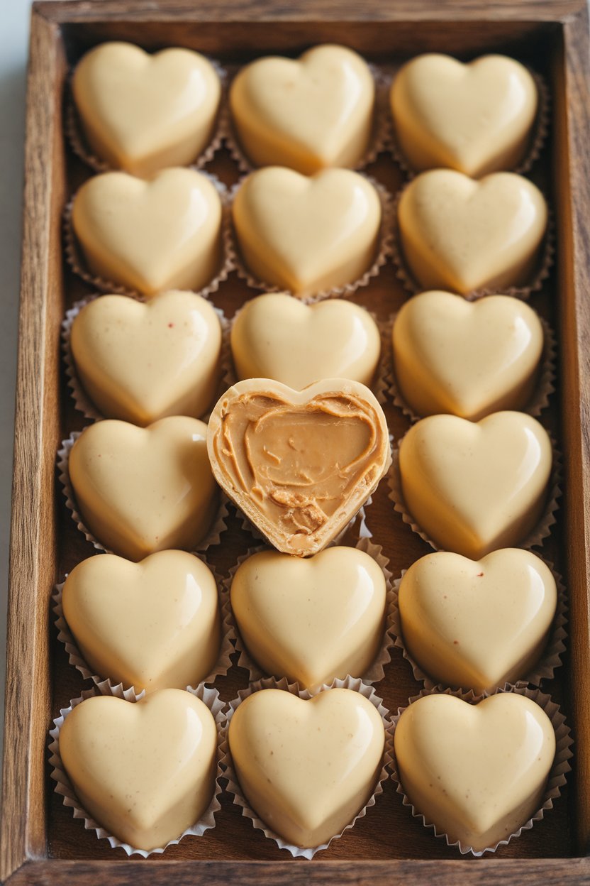 Peanut butter-filled milk chocolate hearts lined up on an indoor wooden tray. One is cut open to show creamy filling. No logos present.