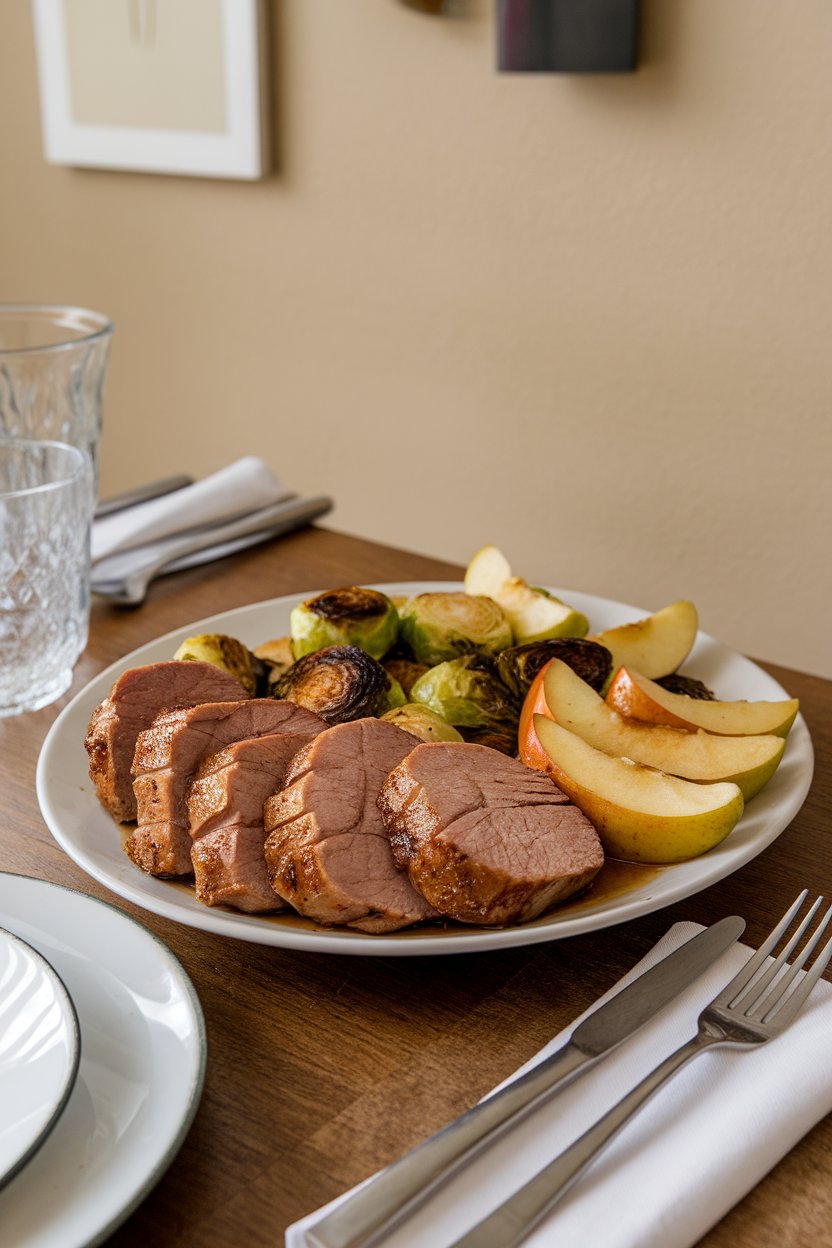 A dining table indoors featuring sliced pork tenderloin medallions arranged beside sautéed apple wedges and roasted Brussels sprouts. No logos or text present.