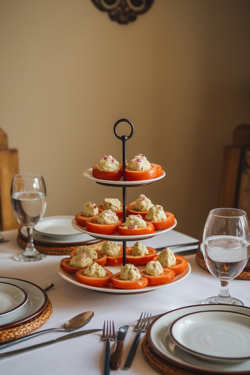 A cozy indoor dining table featuring a tiered stand of fried green tomato rounds topped with a dollop of remoulade and sprinkled with diced purple onion. No logos visible.