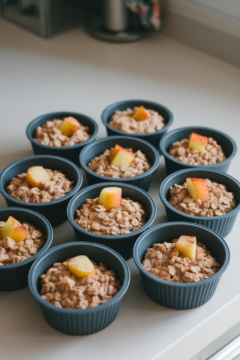 Indoor countertop featuring silicone muffin molds holding firm oatmeal cups dotted with apple cubes and cinnamon flecks, no brand markings.