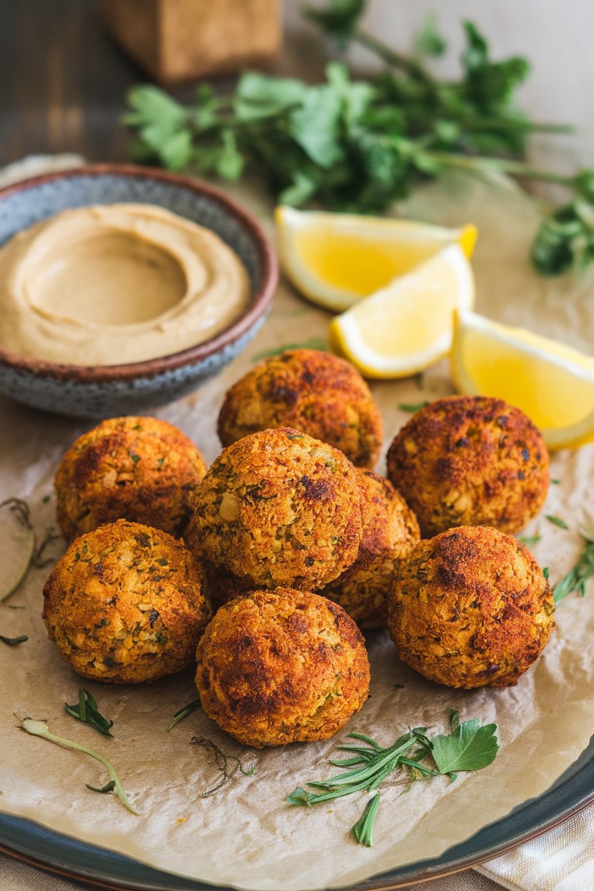 Photo of golden baked falafel balls on parchment with a bowl of tahini dip and lemon wedges, all indoors. No text or logos.