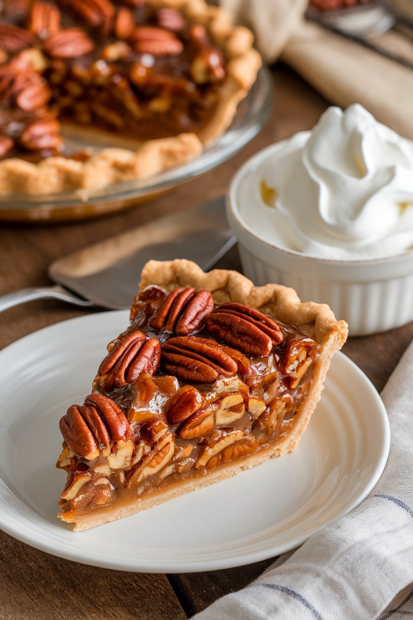An indoor dining table with a slice of glossy pecan pie on a white plate, whipped cream on the side. No text or logos. Photo.