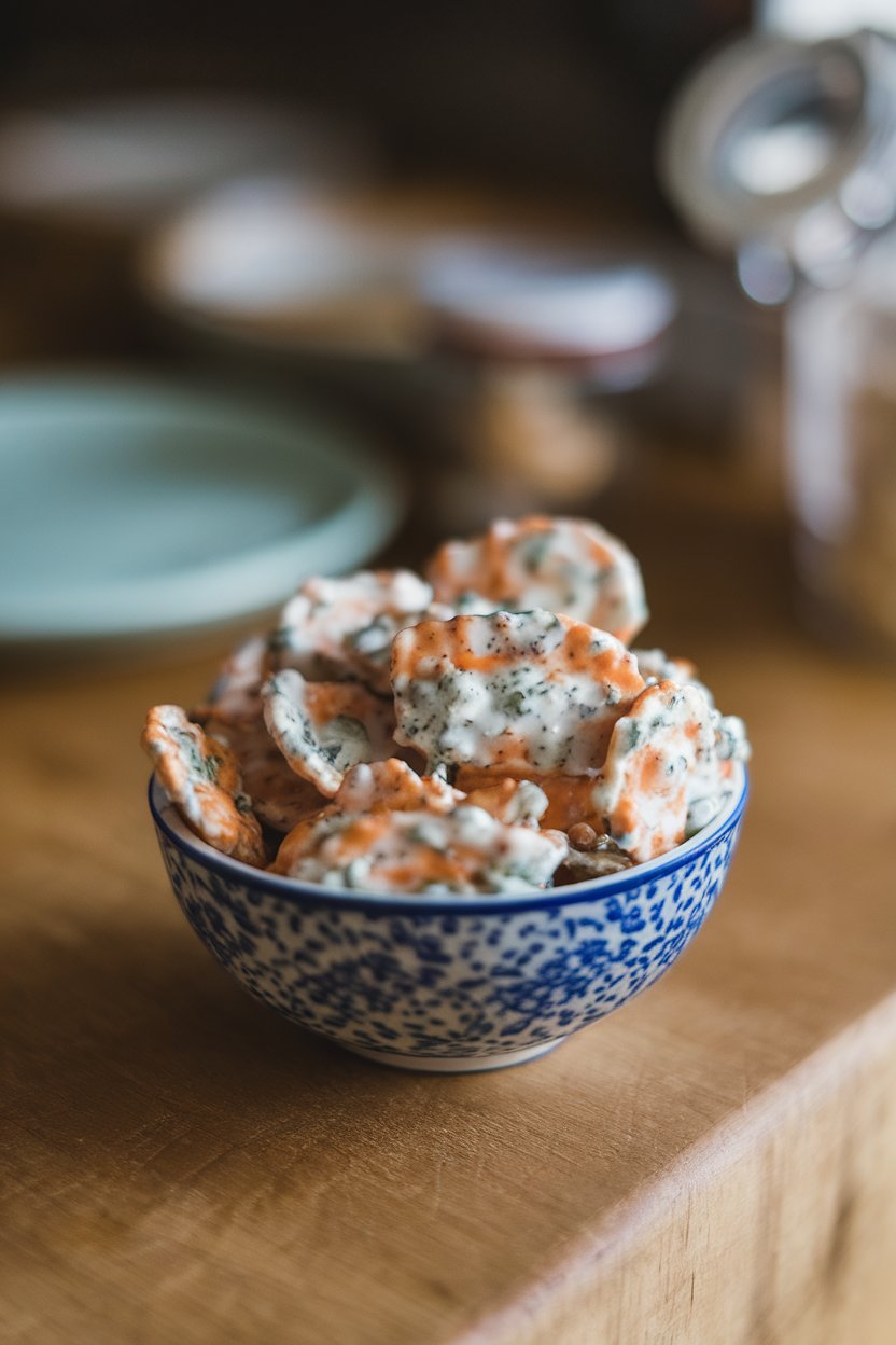 Indoor photo of a small bowl filled with ranch-coated oyster crackers, no text or logos.