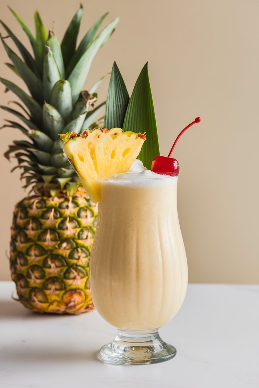 Indoor tiki glass of creamy virgin piña colada, pineapple leaf and cherry garnish, no logos or text. Photo only.