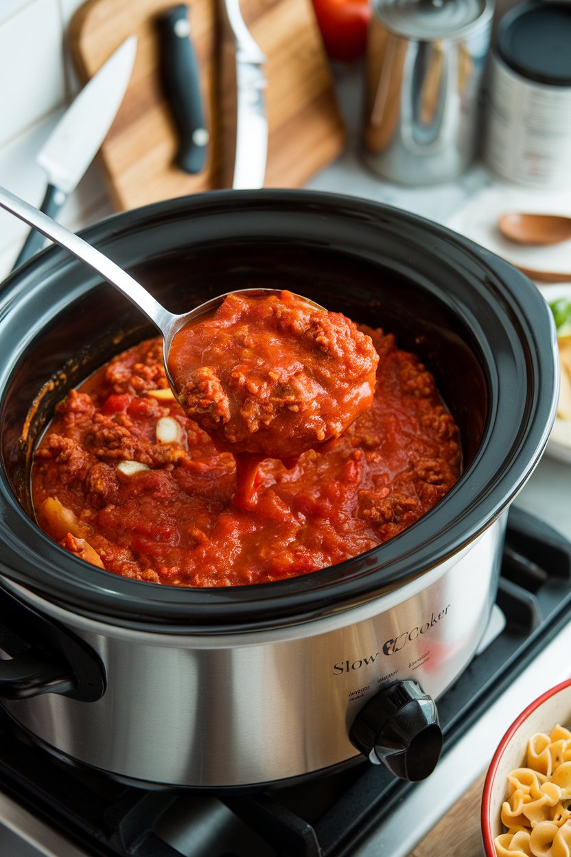 An indoor stovetop scene with a ladle lifting thick Bolognese sauce from a slow cooker, steam visible; photo only, no text or logos.
