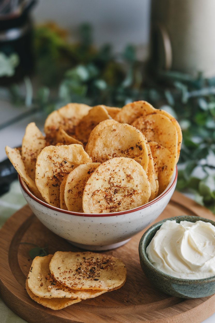 An indoor snack bowl filled with thinly sliced, baked everything bagel chips dusted with seasoning, paired with whipped cream cheese dip. No text or logos. Photo, not illustration.