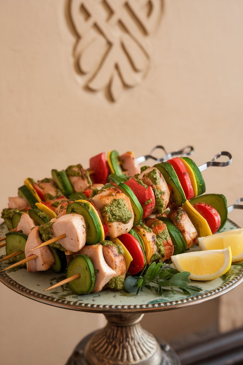 An indoor serving platter holding cooked chicken and mixed vegetable kebabs brushed with green pesto; no text or logos. Photo only.