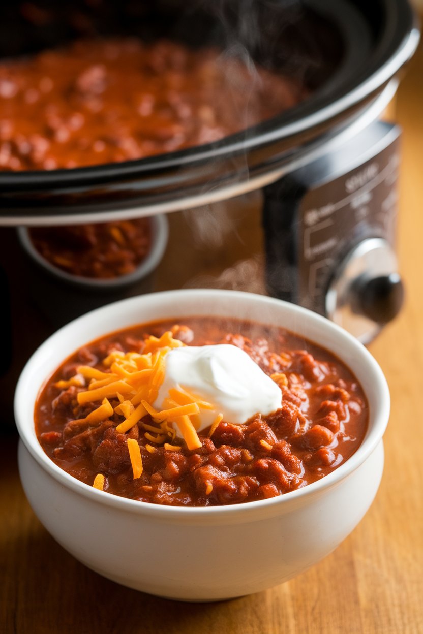 Indoor photo of a steaming bowl of chunky beef chili topped with shredded cheddar and a dollop of sour cream, slow cooker visible in background; no text or logos.