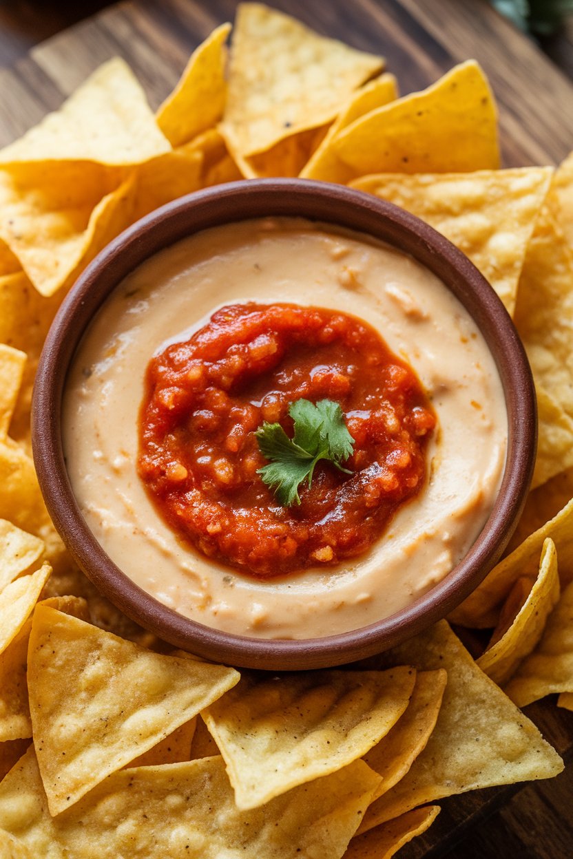 Indoor ceramic bowl of creamy smoked gouda queso with a swirl of salsa on top, surrounded by tortilla chips. No logos or text.