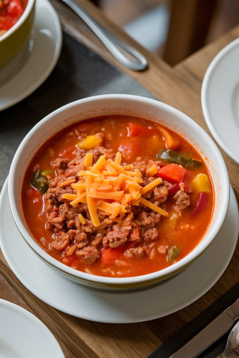An indoor dining table with a bowl of stuffed pepper soup—ground beef, rice, and colorful peppers in tomato broth—topped with shredded cheese. No text or logos. Photo.
