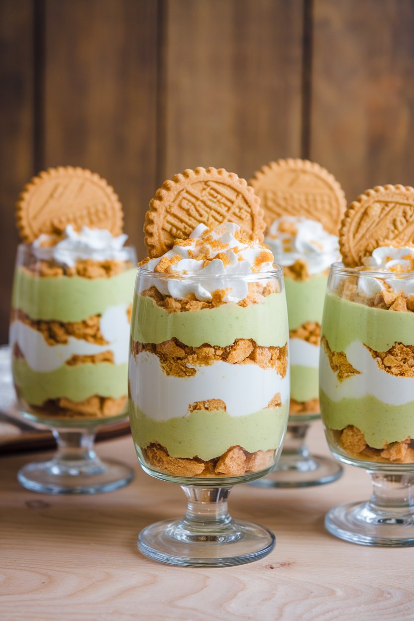 Indoor photo of layered parfait glasses with green pistachio pudding, whipped cream, and crushed shortbread, no text or logos