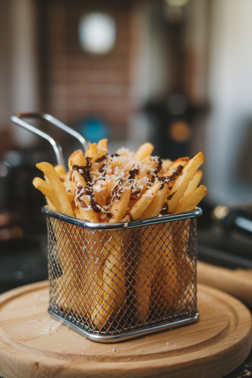 Indoor photo of shoestring fries sprinkled with grated Parmesan and truffle oil in a metal basket, no text or logos.