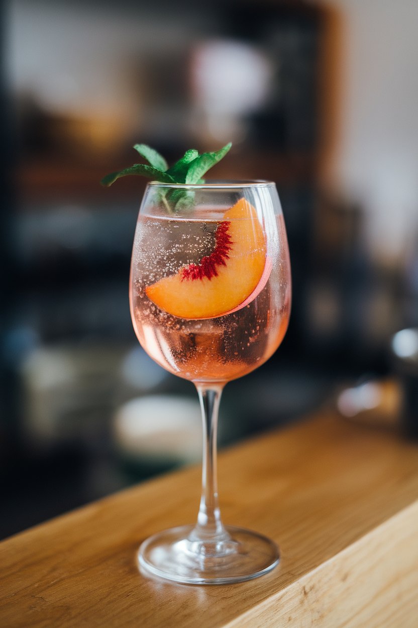 Photo of a stemmed wine glass indoors filled with sparkling rosé cocktail, peach slice and mint leaf floating, no text or logos