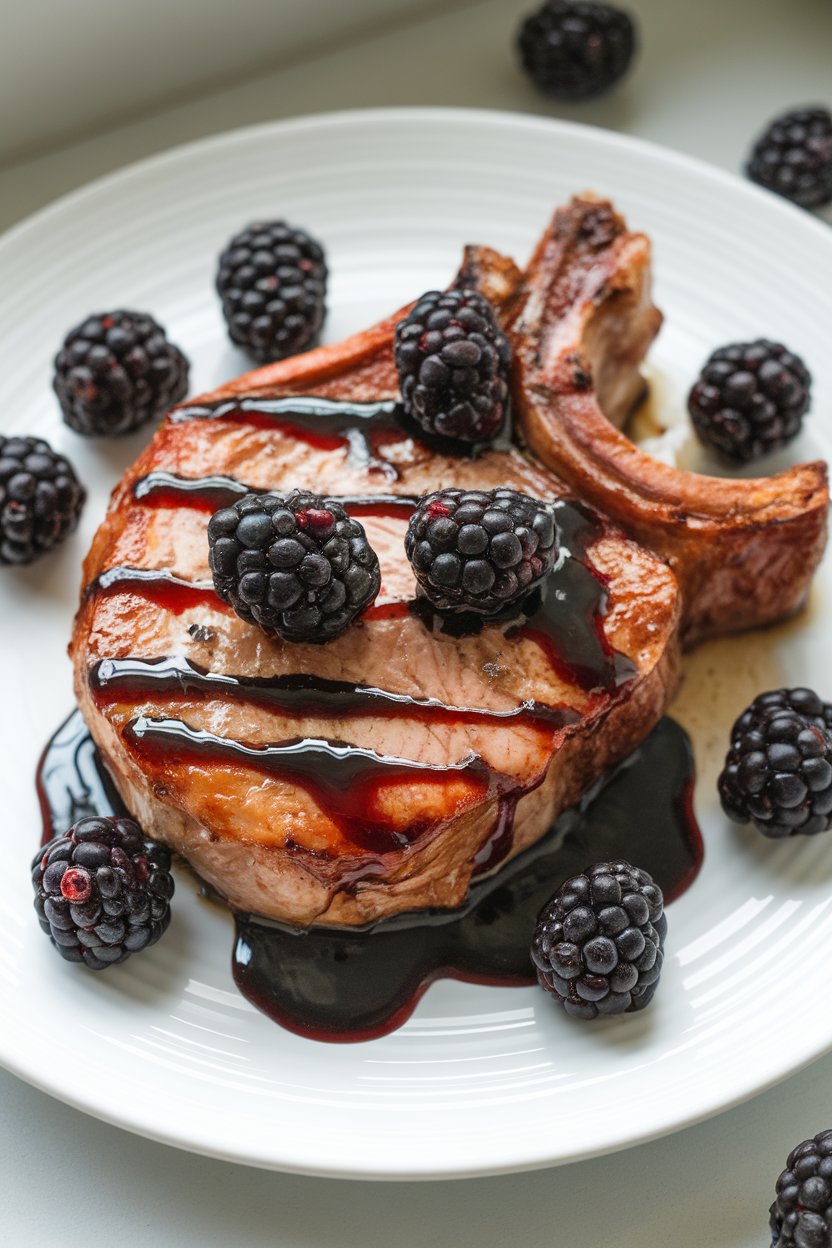 Indoor photo of thick pork chop drizzled with glossy blackberry balsamic glaze, berries scattered around, on a white plate, no text or logos