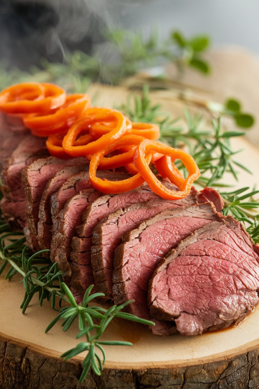 Indoor platter of shredded lean roast beef dotted with mild pepperoncini rings, steam visible; no text or logos; photo.