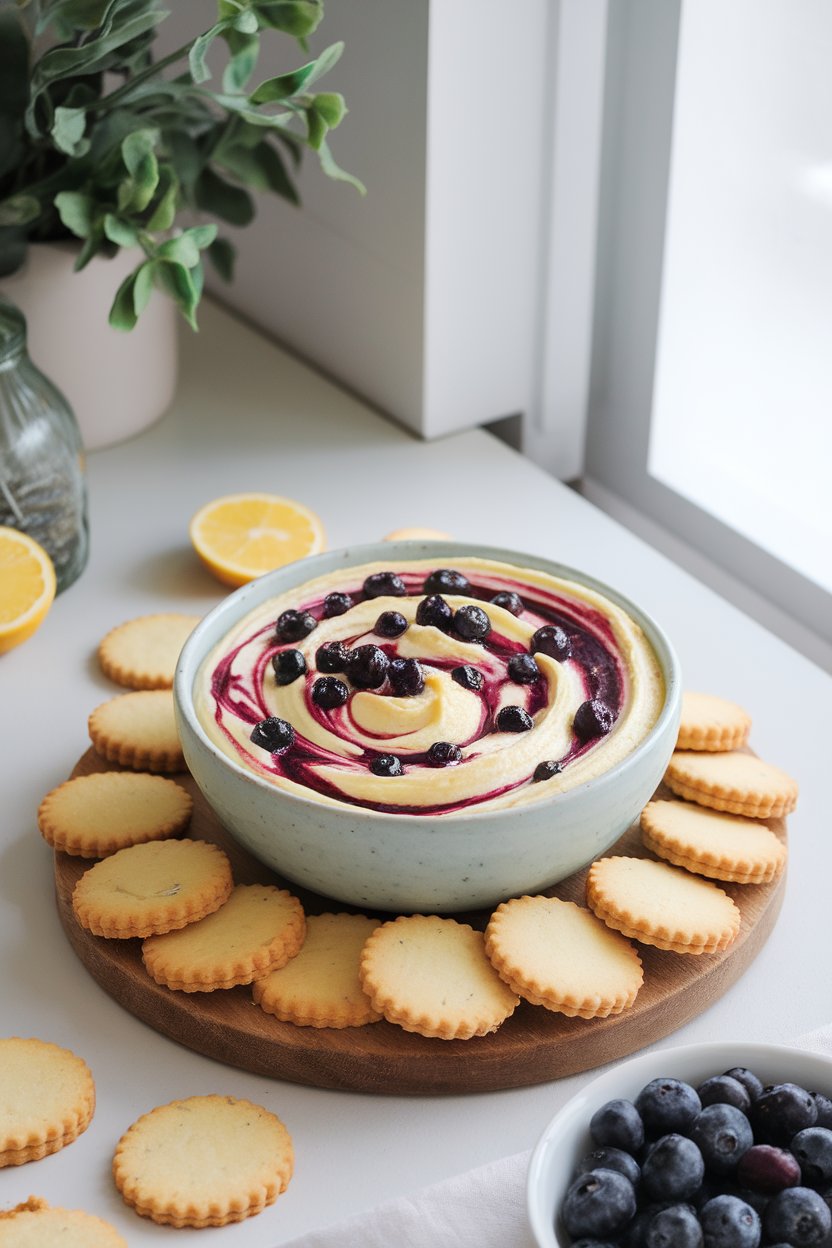 A bright indoor bowl of creamy lemon cheesecake dip swirled with blueberry compote, surrounded by shortbread cookies. No text or logos; photo, not illustration.
