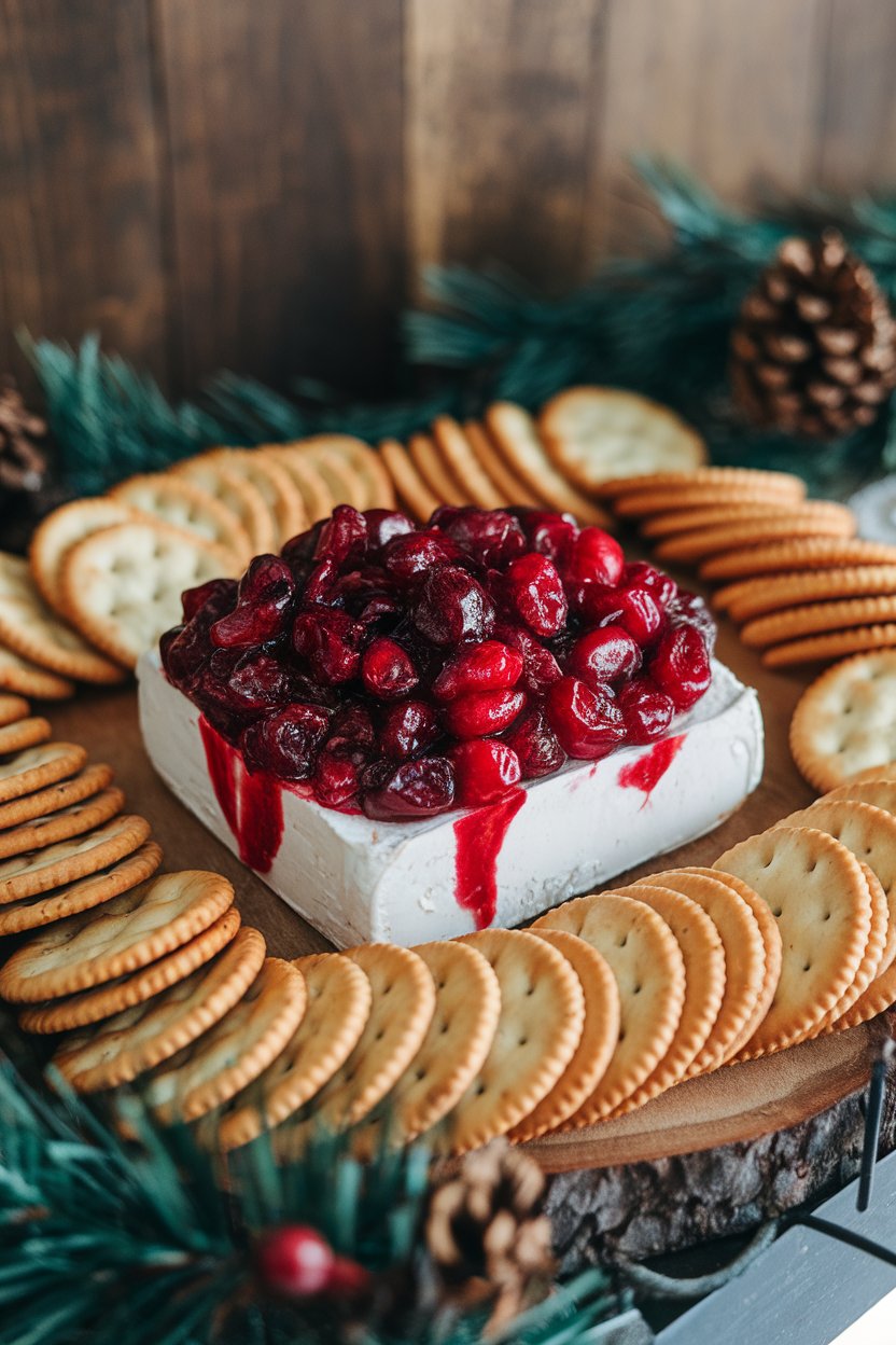 Indoor holiday-style counter with a block of cream cheese topped by glossy cranberry jalapeño relish. Crackers surround, no branding or text.