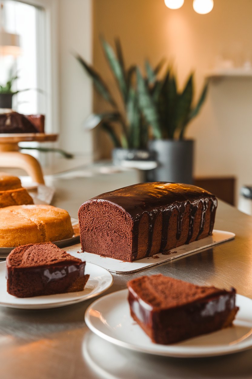 An indoor bakery counter showing a loaf-style chocolate cake with a glossy red wine glaze, slices plated nearby. Photo, no text or logos.