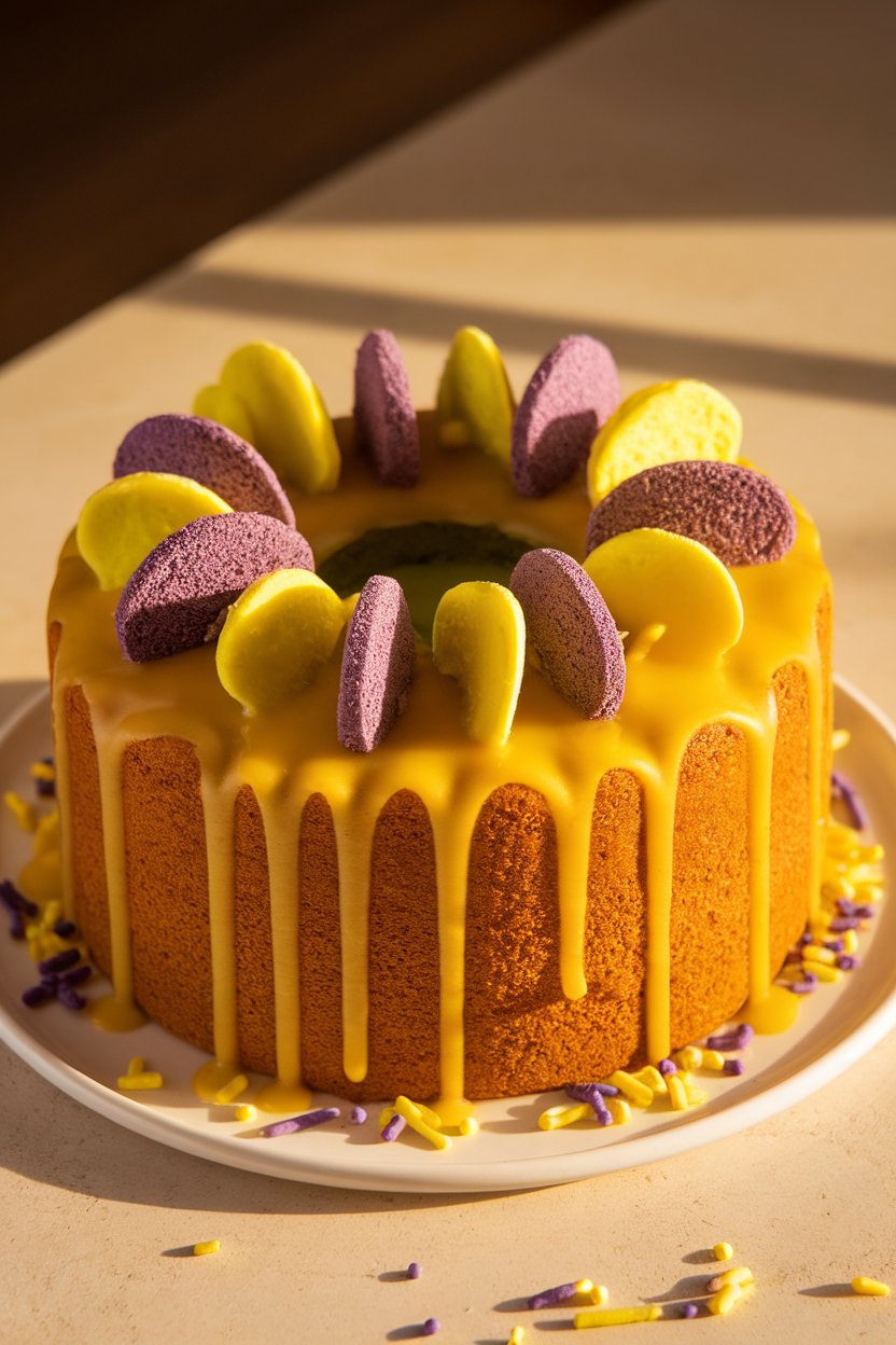 Photo of an iced king cake drizzled with yellow passion-fruit glaze and sugar accents; indoor lighting; no text or logos.