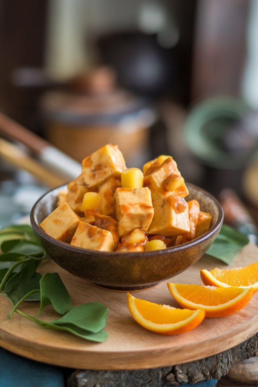 Photo prompt: Indoor bowl of tofu chunks glazed in pineapple teriyaki sauce with small pineapple tidbits. No text or logos.