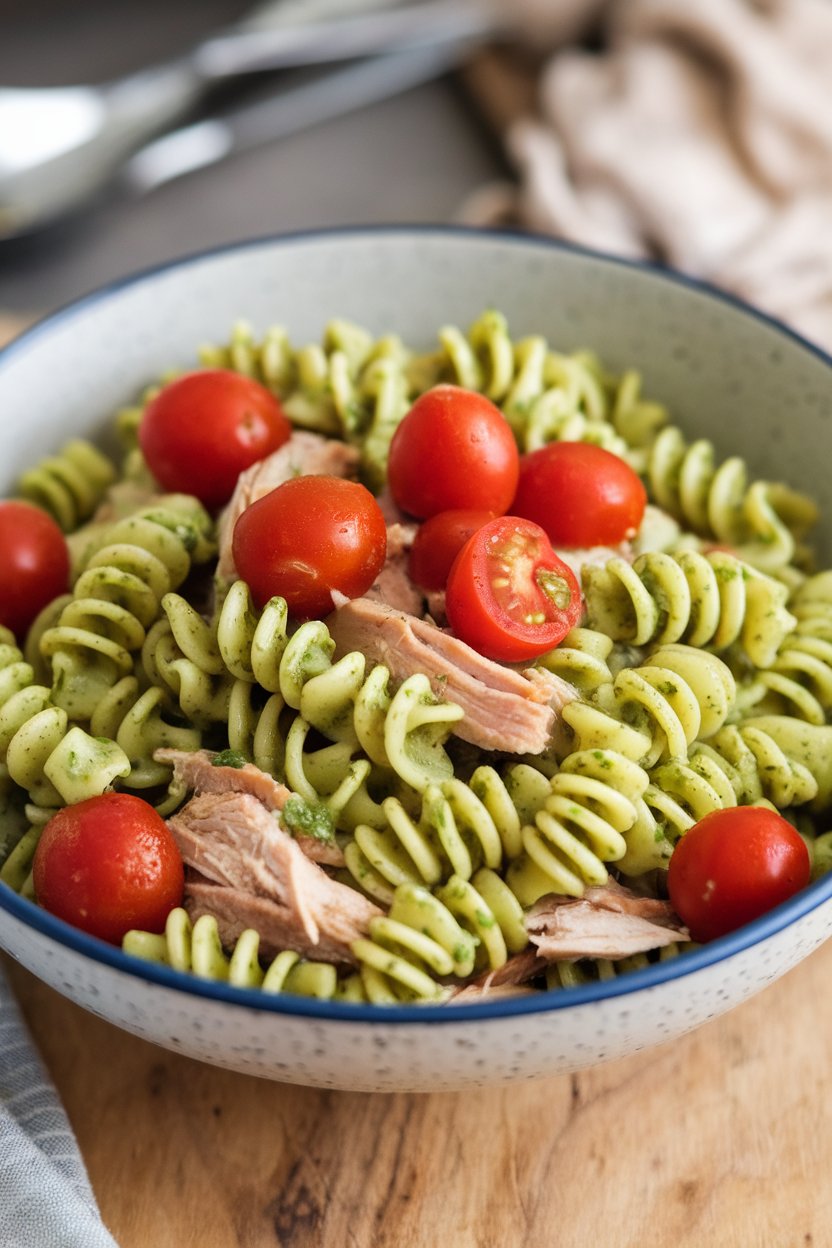 Indoor bowl of corkscrew pasta and shredded chicken coated in bright green pesto, cherry tomatoes scattered on top. No text or logos.