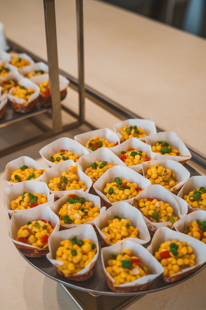 An indoor buffet featuring small phyllo cups filled with cooked corn maque choux—yellow corn, red pepper, and green onion—arranged neatly on a platter. No text or logos visible.