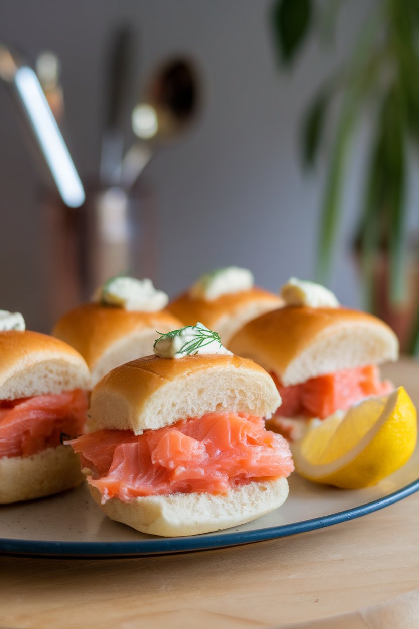 Indoor platter of mini slider buns stuffed with flaky cooked salmon, dill butter glistening, a lemon wedge nearby. No logos or text.
