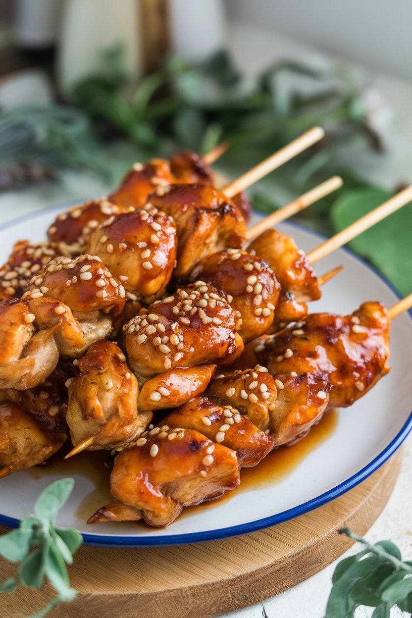 Indoor photo of glazed teriyaki chicken skewers resting on a platter, sesame seeds sprinkled on top. No text or logos.