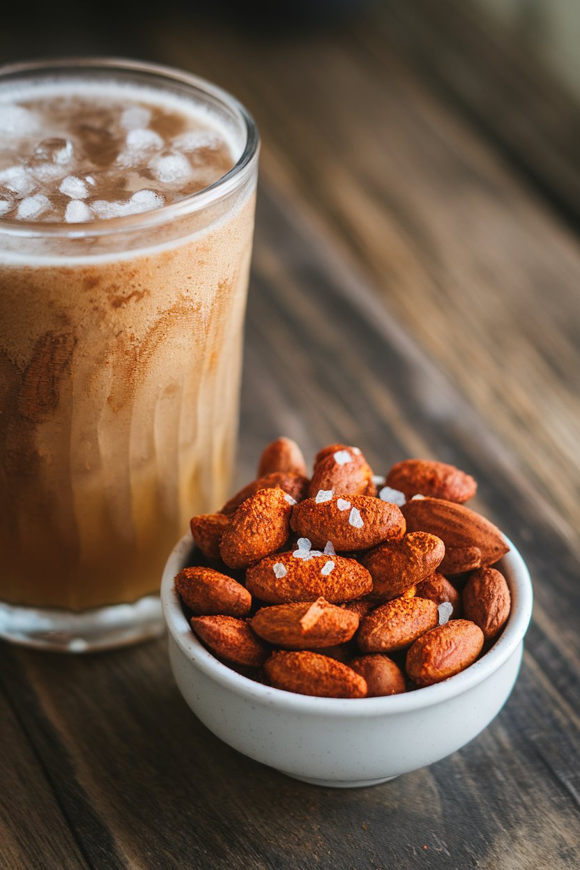 Indoor small bowl of roasted almonds coated in chili powder and sea salt, placed beside a frosty beverage. No text or logos.