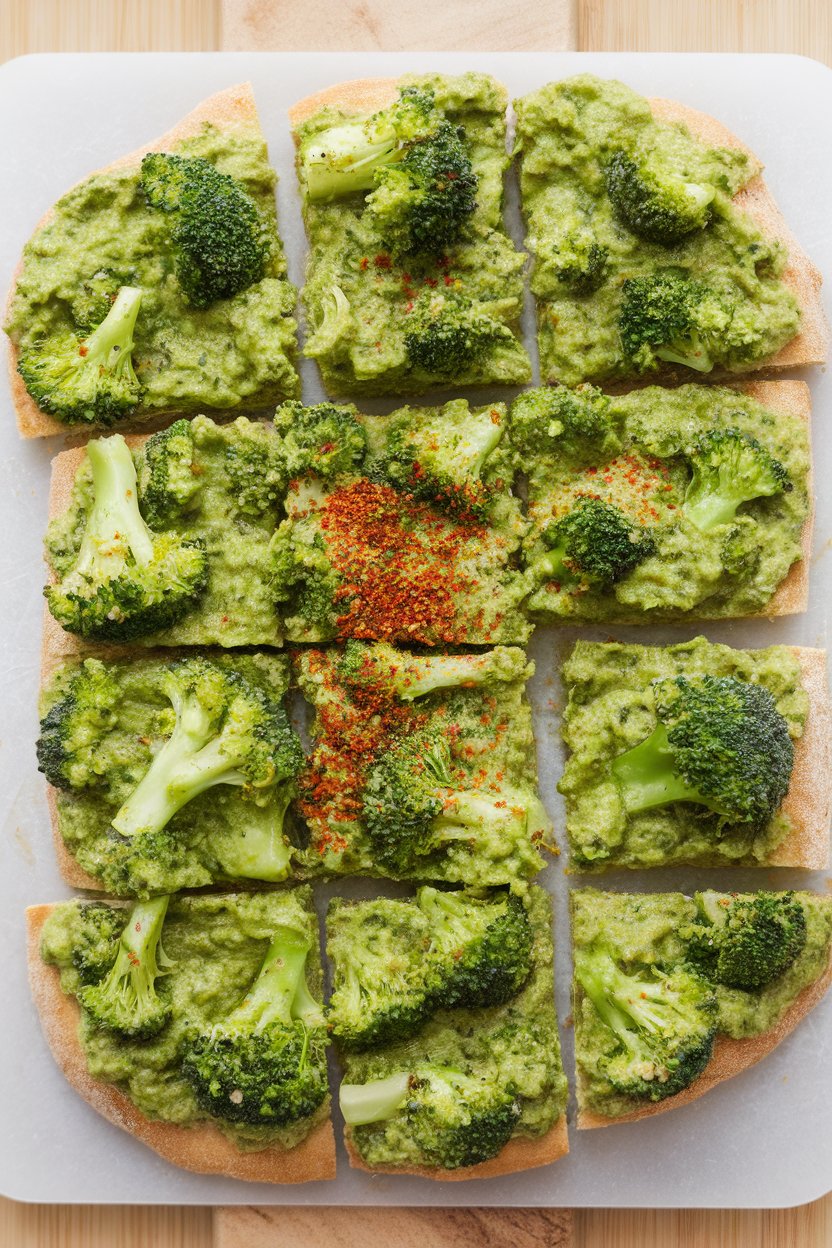 An indoor cutting board with flatbread topped with vibrant green broccoli pesto, cut into small squares. No text or logos.