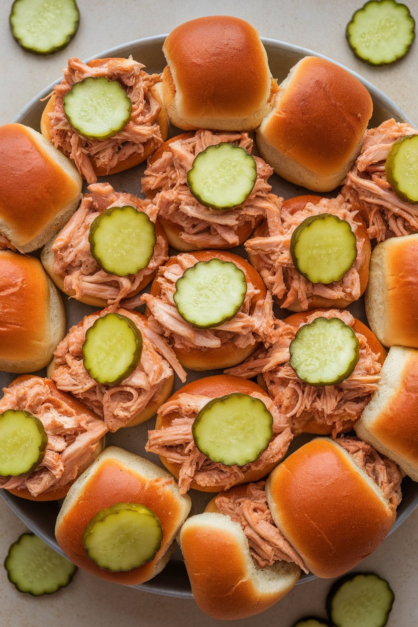 Indoor platter of mini buns stuffed with shredded BBQ ranch chicken, pickle slices peeking out. No text or logos.
