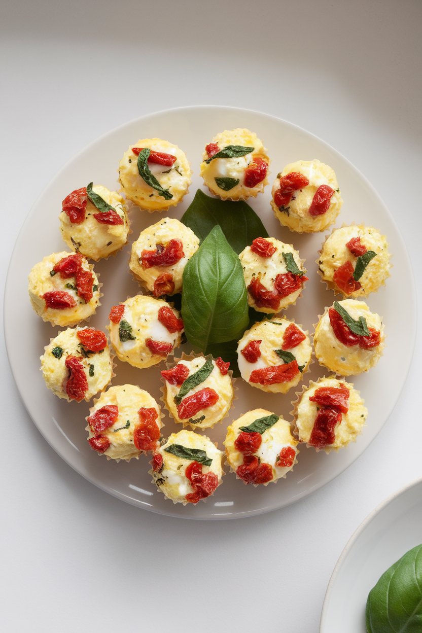 An indoor plate with small silicone-mold egg bites studded with chopped sun-dried tomatoes and basil; no text or logos.